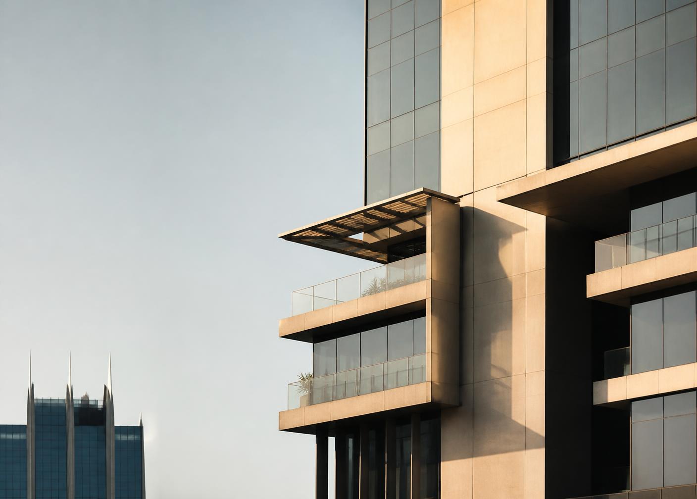 Modern Sandton office tower architecture in warm beige light